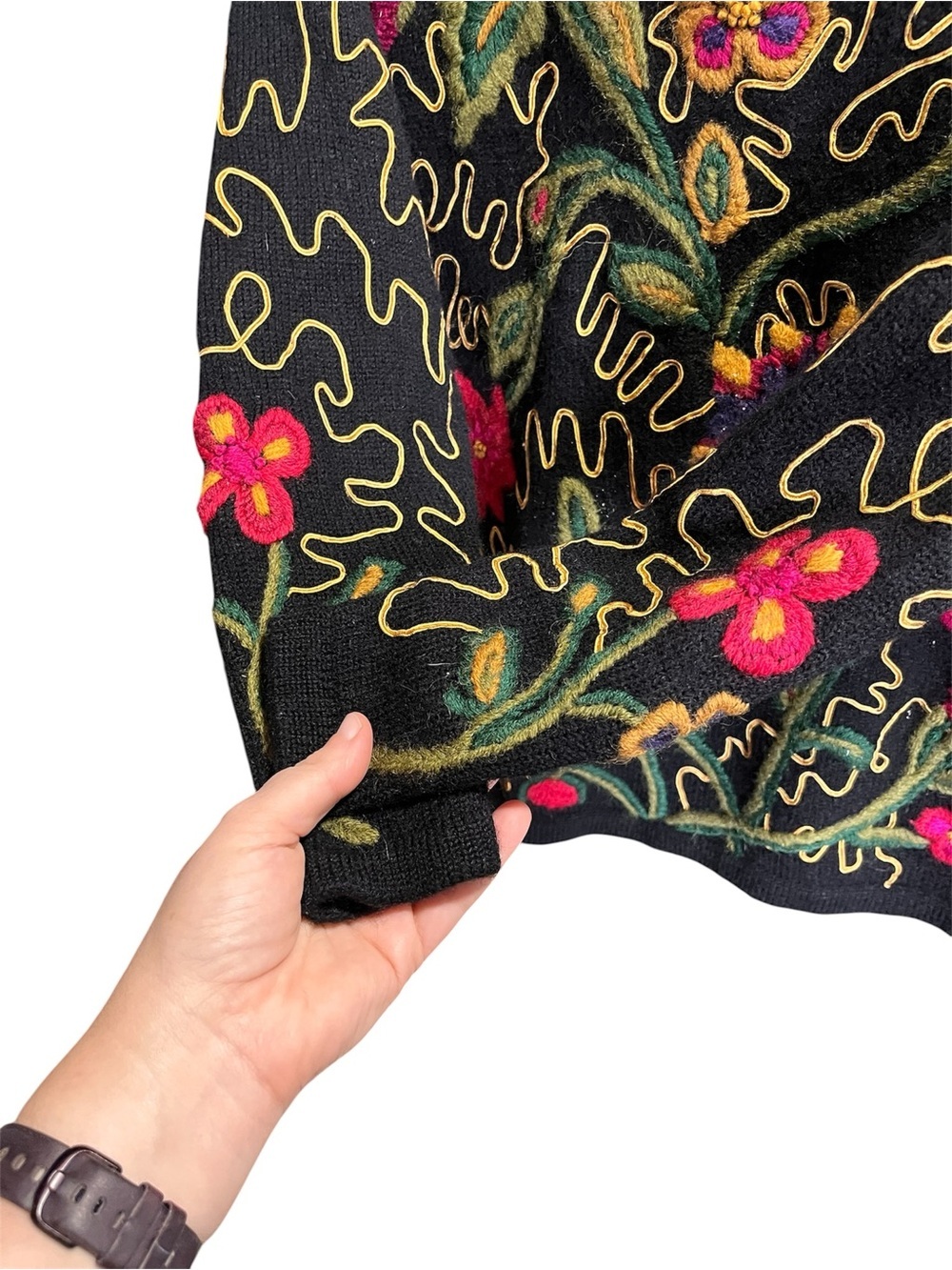Sigrid Olsen Vintage 100 Wool Black Sweater with Multicolor Floral Embroidery - Picture 2 of 10
